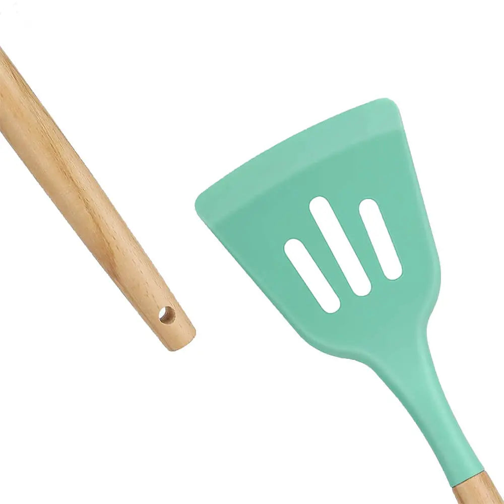 14 darabos konyhai eszközkészlet, hőálló szilikon fejjel, tartóval, türkiz Timelesstools