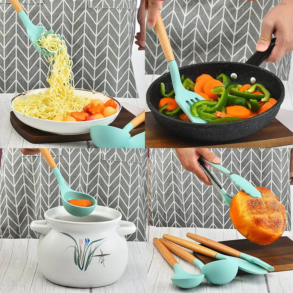 14 darabos konyhai eszközkészlet, hőálló szilikon fejjel, tartóval, türkiz Timelesstools